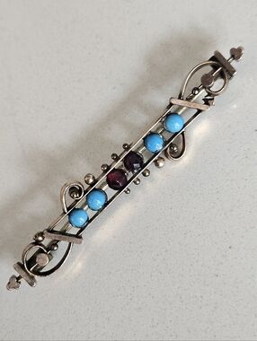 Antique Victorian Gold Bar Brooch Turquoise and Garnet Accents